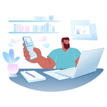 A person sits at a wooden desk, holding a smartphone in one hand. The smartphone screen displays a financial app with graphs and budget categories. On the desk, there is a notebook with notes and a pencil beside it. A laptop is open next to the smartphone, showing a spreadsheet with financial data. In the background, there are shelves filled with books and a small potted plant. The scene conveys an organized workspace dedicated to managing finances.