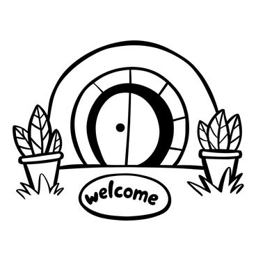 A close-up view of a hobbit hole entrance featuring a "Welcome" mat in front. The door is round and prominently displayed in a bold circular shape. On each side of the entrance, there are potted plants with detailed leaves and textures, contributing to the welcoming atmosphere. The surrounding area includes slightly overgrown grass and a small path leading to the door.