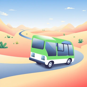 An electric bus painted in vibrant green and white is cruising along a winding road in a vast desert landscape. The bus has large windows and sleek aerodynamic features. Surrounding the bus, the desert is characterized by rolling sand dunes, with light tan and golden hues. Sparse patches of desert vegetation are scattered throughout, featuring cacti and small shrubs. In the background, distant mountains add depth to the scene, while a clear blue sky extends overhead, with a few wispy clouds drifting lazily. The sun casts bright light, creating sharp contrasts between the shadows of the dunes and the illuminated areas.