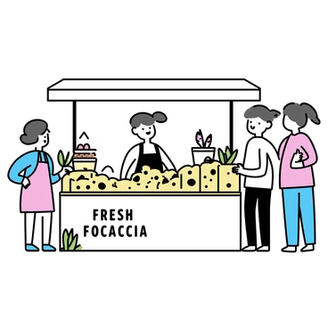 A bustling farmers market stall selling different types of focaccia breads