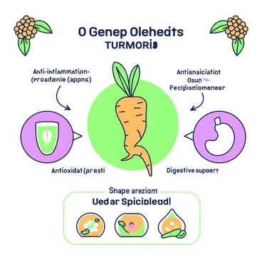 An infographic displaying the health benefits and uses of turmeric. At the center of the infographic, there is a large, detailed illustration of a turmeric root with a green background. Surrounding the root, several circular sections highlight key benefits, including "anti-inflammatory properties," "antioxidant effects," and "digestive support." Each section features green and purple icons representing these health benefits, such as a shield for protection, a heart for cardiovascular health, and a stomach for digestion. At the bottom, there are simple recipes using turmeric, shown with images of a smoothie, a soup, and a spice blend, each labeled with green text. In the upper corners, there are decorative borders made of leaves and small turmeric flowers.