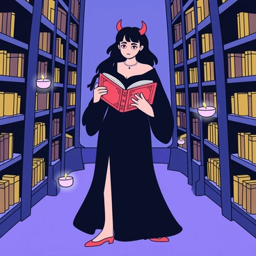 A succubus with long, flowing black hair and piercing red eyes stands in a mystical library. She wears a dark, elegant gown that drapes to the floor, accentuating her figure. In her hands, she holds an ancient book with ornate cover designs, its pages slightly open to reveal glowing texts. Surrounding her are several floating candles, casting a warm glow and illuminating the shelves filled with old, dusty books. The library has tall, dark wooden shelves that reach towards a high ceiling, creating an atmosphere of mystery and enchantment.