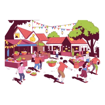 A group of individuals is gathered in a charming village square preparing for a festival. Colorful bunting is being strung between the trees, while others are setting up small stalls adorned with vibrant displays. Tables are being arranged with flower centerpieces, and bright lanterns are hung overhead, casting playful shadows. Children are running around excitedly as adults carry baskets filled with fresh produce and handmade crafts. The warm evening light casts a soft glow over the scene, creating an atmosphere of anticipation and joy for the upcoming celebration.