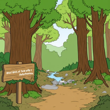 A majestic old-growth forest with tall, ancient trees with thick trunks and expansive canopies. The trees feature vibrant green leaves that create a dappled sunlight effect on the forest floor. The ground is covered with a rich layer of fallen leaves, small plants, and patches of moss. In the background, a faint path winds through the forest, inviting exploration. The scene hints at the beauty of nature, with a small stream flowing gently, reflecting the greenery around it. Birds flutter among the branches, and a few small animals peek from behind the trees, emphasizing the diverse life that thrives in this ecosystem. "What is at stake with deforestation" is written on a wooden sign partially covered with vines, positioned near the path.