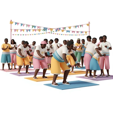 A vibrant scene of a traditional festival, with numerous participants in colorful attire. Several individuals are engaged in performing deadlifts, showcasing their strength. The participants wear bright, festive clothing, with intricate patterns and designs. In the background, decorative banners and festive lights add to the celebratory atmosphere. Spectators cheer and clap, contributing to the lively ambiance. The ground is covered with colorful mats where the deadlifts take place, and the expressions of determination on the faces of the participants are evident.