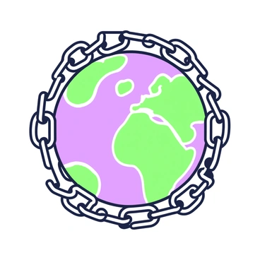 A globe is positioned at the center of the image, showcasing the continents and countries. Heavy chains are tightly wrapped around the globe, illustrating a sense of confinement and restriction. Each chain link is thick and metallic, emphasizing their weight. The globe itself has a textured surface, providing details of geographical features. The chains overlap and interlace, creating a complex pattern that conveys the theme of oppression. The composition focuses on the globe being dominated by the contrasting bulk of the chains, highlighting the powerful imagery of global issues.