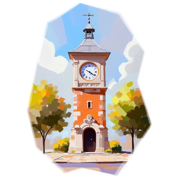 An old-fashioned clock tower stands tall against the sky, featuring a brick and stone façade with ornate detailing. The clock face is prominently displayed, with its hands clearly pointing to "noon." The tower is adorned with intricate carvings and a peaked roof, showcasing an antique weather vane on top. Surrounding the base, there are lush green trees and a cobblestone path leading up to the tower, adding to the historic charm of the scene.
