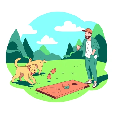A vibrant scene in a sunny park where a teal dog and its owner are engaged in a playful cornhole match. The owner, wearing an orange cap, stands with a joyful expression, preparing to throw a cornhole bag towards the wooden board. Nearby, a yellow dog jumps excitedly, tail wagging in anticipation, while an orange cornhole board is set up with a bag already resting in the hole. Lush green grass surrounds them, and a few trees can be seen in the background, casting soft shadows on the ground. Fluffy white clouds drift across the blue sky, adding to the cheerful atmosphere.
