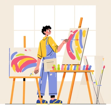 Ichinose is standing in an art studio, surrounded by natural sunlight pouring in through large windows. She is focused on painting a vibrant mural on a large canvas. The canvas features a swirling array of colors, including bright reds, blues, and yellows. Ichinose holds a paintbrush in one hand and has splatters of paint on her clothing. Various paint tubes and brushes are scattered across a wooden table nearby, adding to the artistic atmosphere. A few unfinished canvases lean against the walls, showcasing her creative process.