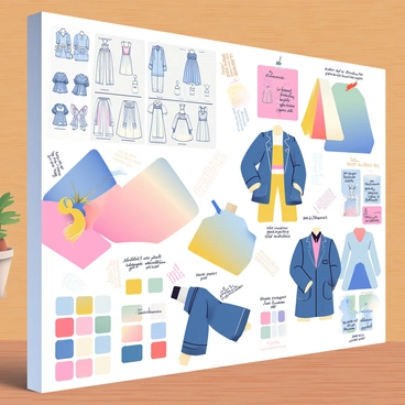 A fashion mood board is displayed on a wooden surface. The board is filled with various fabric swatches in shades of blue, pink, and gold, showcasing different textures such as silk, denim, and cotton. Scattered across the board are detailed sketches of outfits, featuring intricate designs of dresses and suits, all labeled with notes in elegant handwriting. In one corner, a collection of color swatches is arranged, showcasing a gradient of hues ranging from soft pastels to vibrant shades. Pins and clips hold the fabrics and sketches in place, creating a vibrant and creative atmosphere.