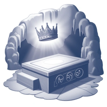 A crown with intricate designs floats above an ancient stone altar. The crown appears to emit a soft glow, illuminating its ornate details. The altar is made of dark, weathered stone and features carvings of mystical symbols. Surrounding the altar are shadows cast by the cave walls, adding to the atmosphere. The cave itself has rough textures and uneven surfaces, with stalactites hanging from above. The overall scene captures a sense of mystery and ancient magic.