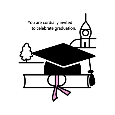 A graduation ceremony invitation design featuring "a black graduation cap" placed on top of "a rolled diploma tied with a red ribbon." In the background, there is a simplified representation of "a university campus" with "a classic clock tower" and "trees." The overall layout is minimalistic, highlighting the cap and diploma as central elements. The text on the invitation reads, "You are cordially invited to celebrate graduation."