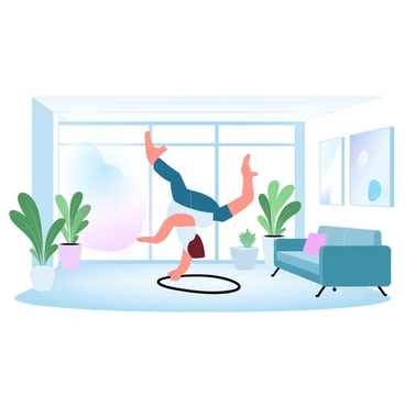 A spacious living room with high ceilings and large windows is filled with natural light. A person is jumping rope in the center of the room, showcasing an energetic pose. The walls feature an artistic mural in gradient pastel colors. Sleek modern furniture, including a cozy sofa and a minimalist coffee table, complements the decor. Several potted plants are strategically placed around the room, adding a touch of greenery. Colorful cushions are scattered on the sofa, enhancing the vibrant atmosphere. Light wooden flooring contrasts with the subtle tones of the room.