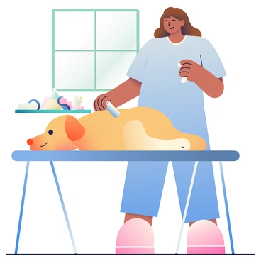 A veterinarian with medium skin and brown hair is standing beside a calm golden retriever dog. The veterinarian is wearing a light blue scrubs top and matching pants. In her right hand, she is holding a syringe, while her left hand gently pats the dog on its side. The dog is lying on an examination table, looking relaxed, with a soft expression and its tongue slightly out. There are various medical instruments on a nearby table, including a stethoscope and a roll of bandages. A window in the background lets in natural light, illuminating the scene.