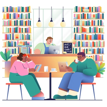 A cozy café is situated within a spacious library filled with tall bookshelves overflowing with books. Patrons are seated at wooden tables, sipping hot coffee from white ceramic mugs. A woman with short curly hair is reading a novel while a man wearing glasses is focused on his laptop. The café area features warm, soft lighting from hanging pendant lamps, creating an inviting atmosphere. A barista behind a counter is preparing coffee, with a chalkboard menu displaying various drink options. In the background, large windows allow natural light to stream in, illuminating the rich wooden furniture and vibrant plants placed strategically around the café.