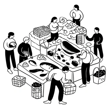 A busy fish market scene with multiple vendors showcasing an array of fresh fish placed on beds of ice. Various types of fish, including large ones and smaller varieties, are arranged on tables, some with fins and scales glinting in the light. Several customers are browsing and examining the fish, holding bags and baskets. There are crates and containers filled with ice around the vendors. The atmosphere is filled with activity as vendors call out to attract attention.