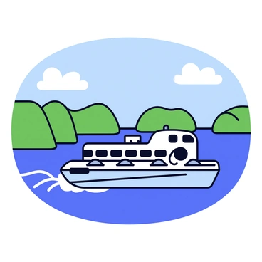 An express car being transported on a large ferry across a scenic bay