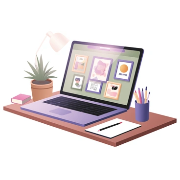 A digital flat illustration of an artist's online portfolio displayed on a laptop screen. The portfolio features a variety of illustrations in different frames, showcasing unique artwork styles. Each illustration is labeled with distinct pricing options, clearly displayed in bold text. The laptop is positioned on a wooden desk, accompanied by a sketchbook, colored pencils, and a cup filled with brushes. A plant in the background adds a touch of greenery, while a soft light source illuminates the scene, enhancing the vibrant colors of the illustrations.