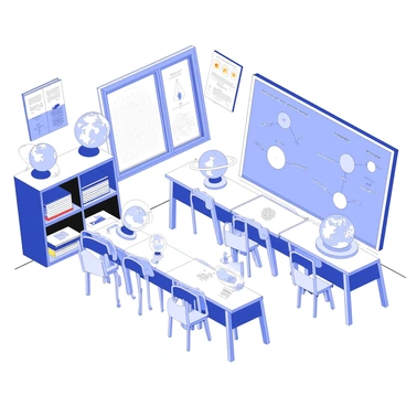 A classroom is filled with multiple globes of various sizes, each depicting different geographical features. There are textbooks stacked neatly on wooden shelves, some open to reveal pages filled with text and illustrations. Scientific models are displayed on desks, including a model of the solar system with planets arranged in orbit around a central sun. Brightly colored charts are mounted on the walls, showcasing various scientific diagrams. A large chalkboard at the front of the room is filled with handwritten notes and equations. Desks are arranged in rows, each with a chair pushed in. A window lets in natural light, creating a warm atmosphere.