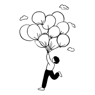 A child with a playful stance is holding tightly onto a bundle of large, round balloons. The balloons are varied in size and shape, with some being smooth while others are slightly irregular. The child is lifted slightly off the ground, with their feet hovering just above the surface. The background features an expansive sky, providing an open and airy feel. There are a few wispy clouds drifting by, adding to the sense of elevation and freedom. The balloons are positioned above the child, creating a dynamic upward movement.
