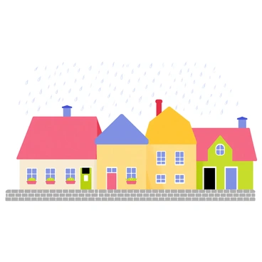 Raindrops are falling from a gray sky onto a row of colorful rooftops in a quaint town. Each rooftop is painted in a different vibrant color, such as red, blue, yellow, and green. The raindrops create small splashes as they hit the surfaces, and puddles form on the cobblestone streets below. Small, whimsical houses with flower boxes under the windows are visible, adding charm to the scene. The air is fresh and filled with the sound of rain.