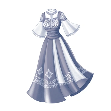 A dress with a mixture of cultural influences in its design. It has a flowing silhouette and intricate patterns that reflect various traditions. The bodice features detailed embroidery, reminiscent of different regional styles, while the skirt is layered with diverse textures, creating a dynamic visual effect. The dress includes elements such as a high neckline, bell sleeves, and a cinched waist, contributing to its unique character.