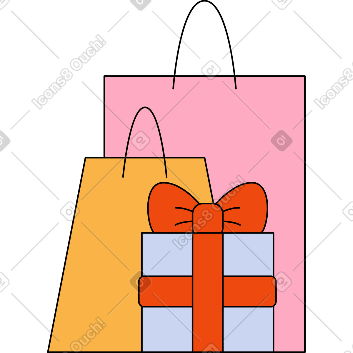 Illustration animée Sacs avec des achats et un cadeau dans le style Bloom à télécharger aux formats GIF, Lottie (JSON), AE