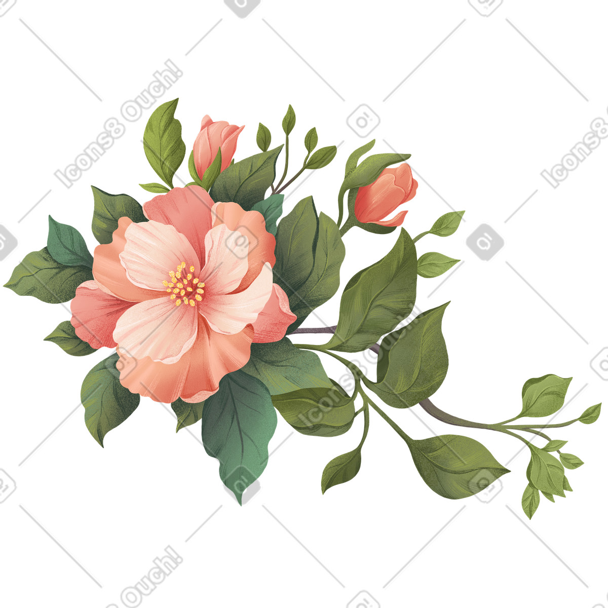 Tre fiori di rosa canina tra foglie verdi illustrazione in stile Floral scarica in PNG, SVG