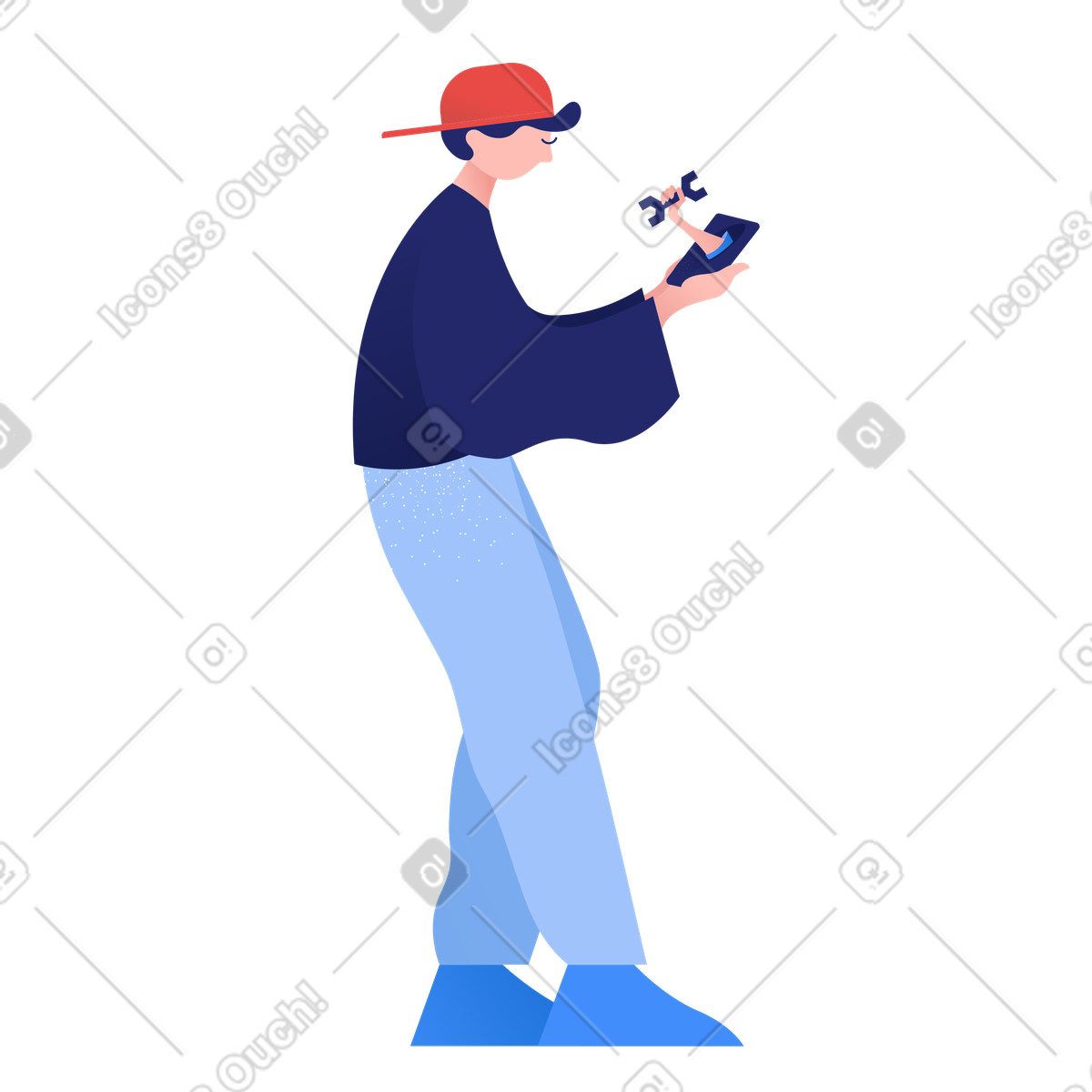 Mann erhält telefonisch hilfe von einem technischen support-experten-Illustration im Clip-Stil als Download in PNG, SVG