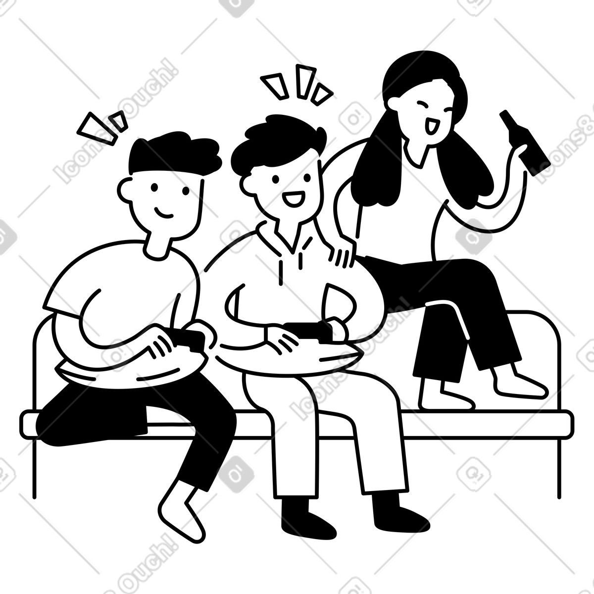 Ilustração de Friends playing video game controllers together on comfortable living room couch em no estilo para baixar em PNG, SVG
