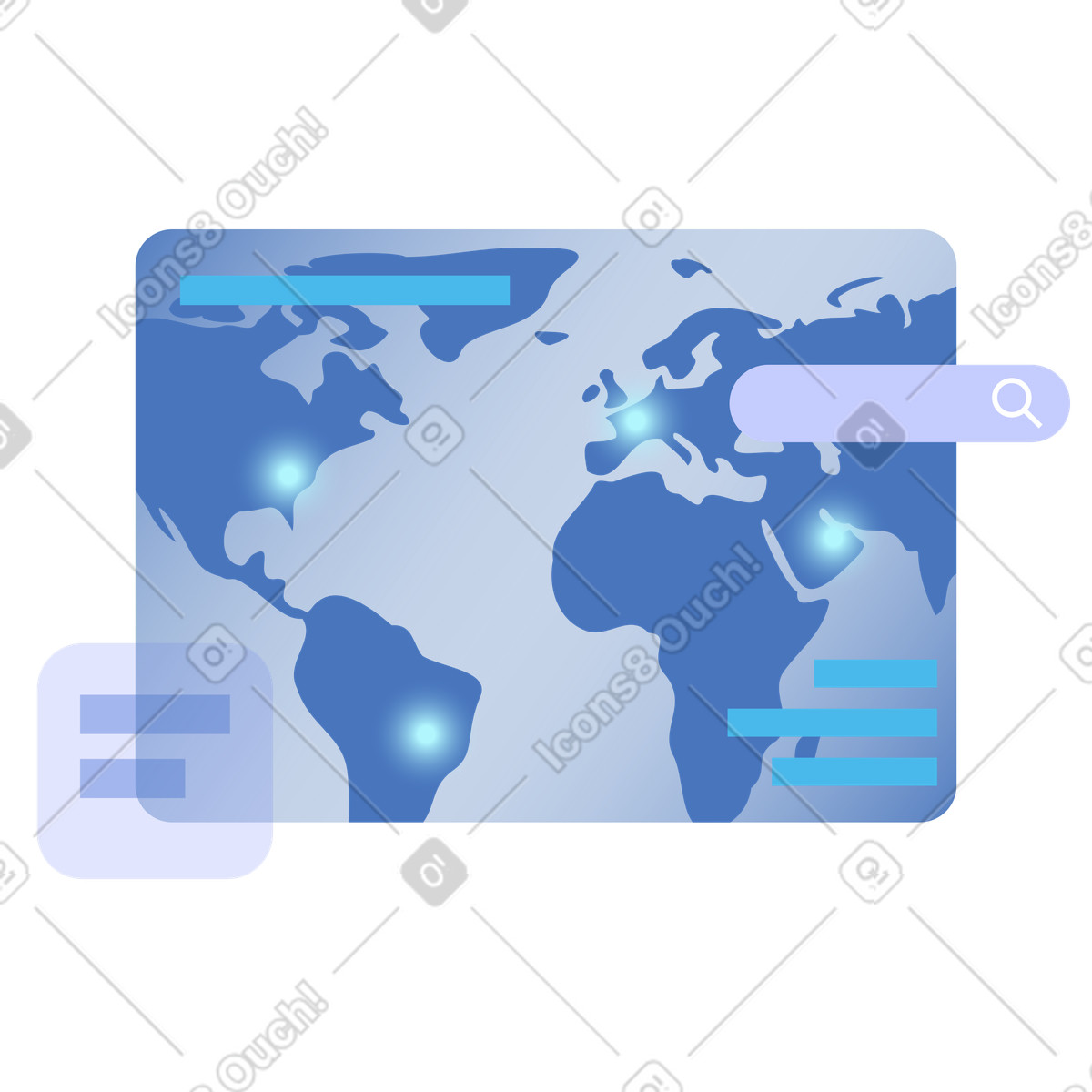 Global map with search interface and data panels, International monitoring reporting illustration in Quantum style download in PNG, SVG