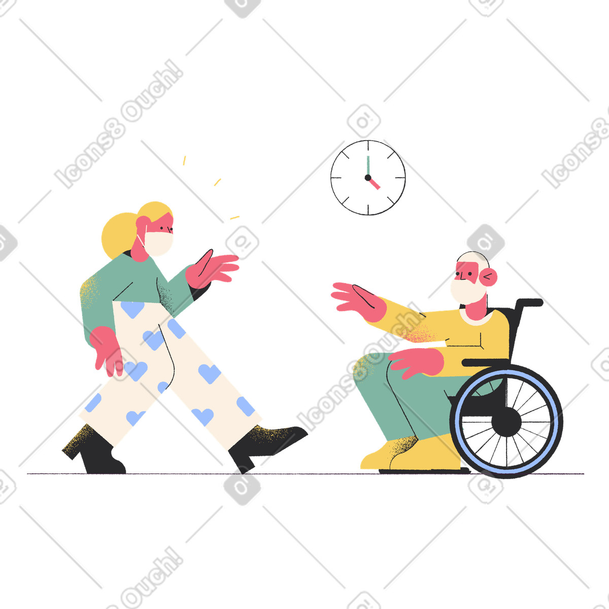 Ilustración Hombre y mujer con mascarillas saludándose manteniendo la distancia en estilo Pablo a descargar en PNG SVG
