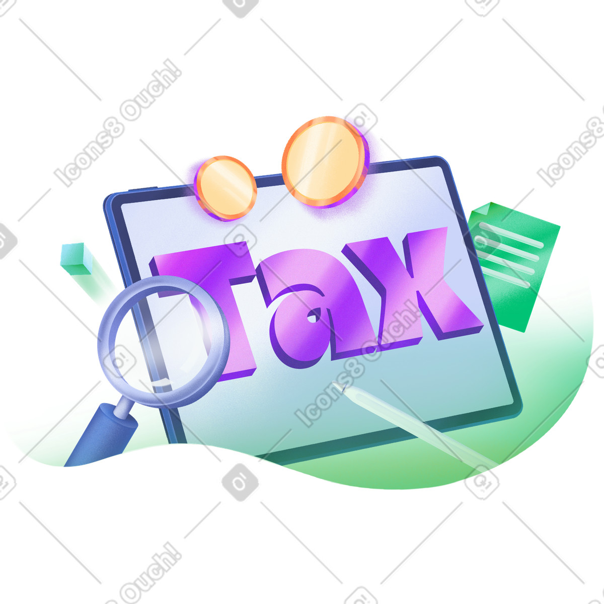 Lettering Tax with magnifying glass and coins text illustration in Smart style download in PNG, SVG