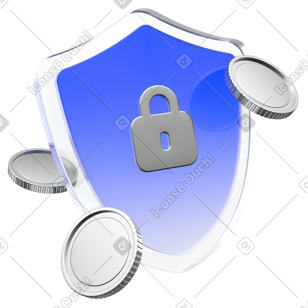 Scudo blu con lucchetto e monete, sicurezza dei pagamenti online, protezione finanziaria privacy illustrazione in stile 3D Enterprise scarica in PNG, SVG