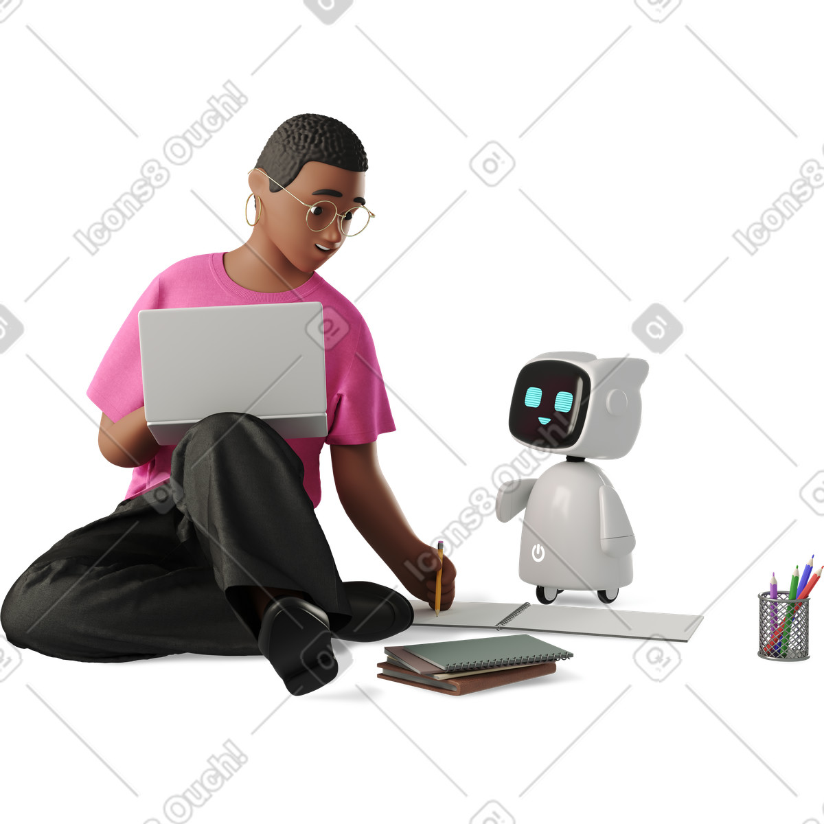 3D Business スタイルの Woman working with robot assistant のイラストをPNG、SVG形式でダウンロード