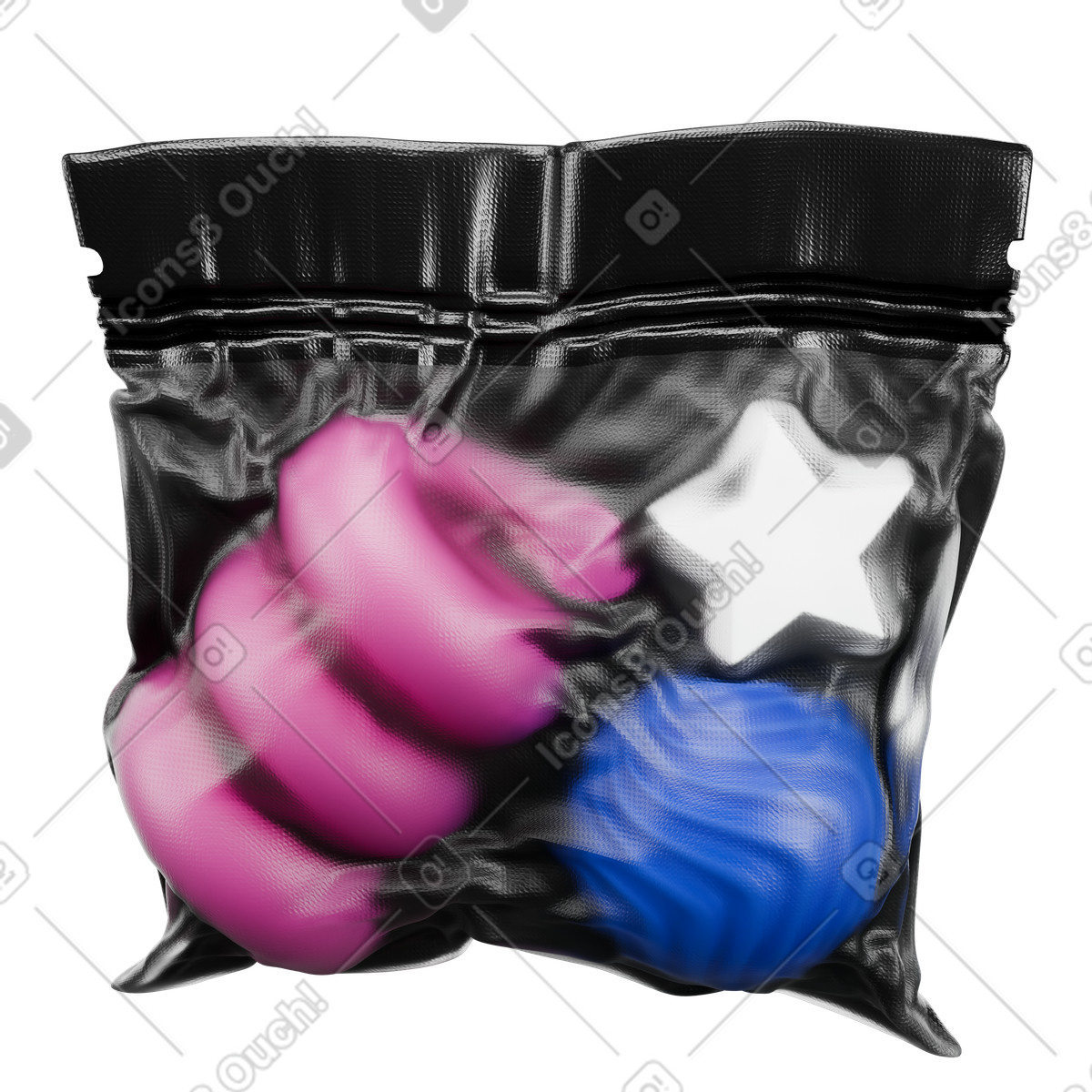 Forme di giocattoli sigillate sottovuoto in un sacchetto plastica, mockup imballaggio del prodotto illustrazione stile 3D Wrap scarica PNG, SVG