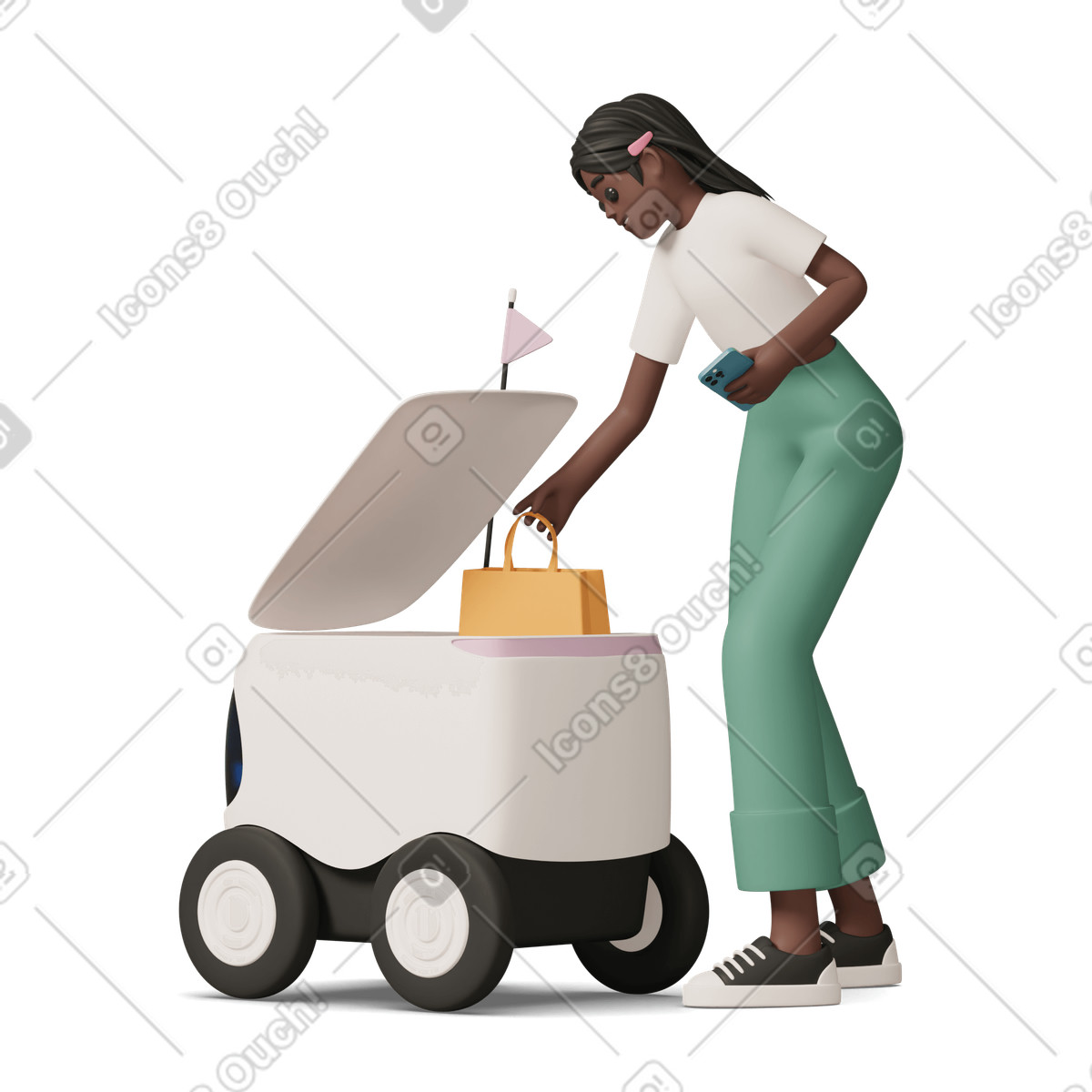 3D Casual life 스타일의 Black girl with delivery robot 일러스트레이션 PNG, SVG 다운로드