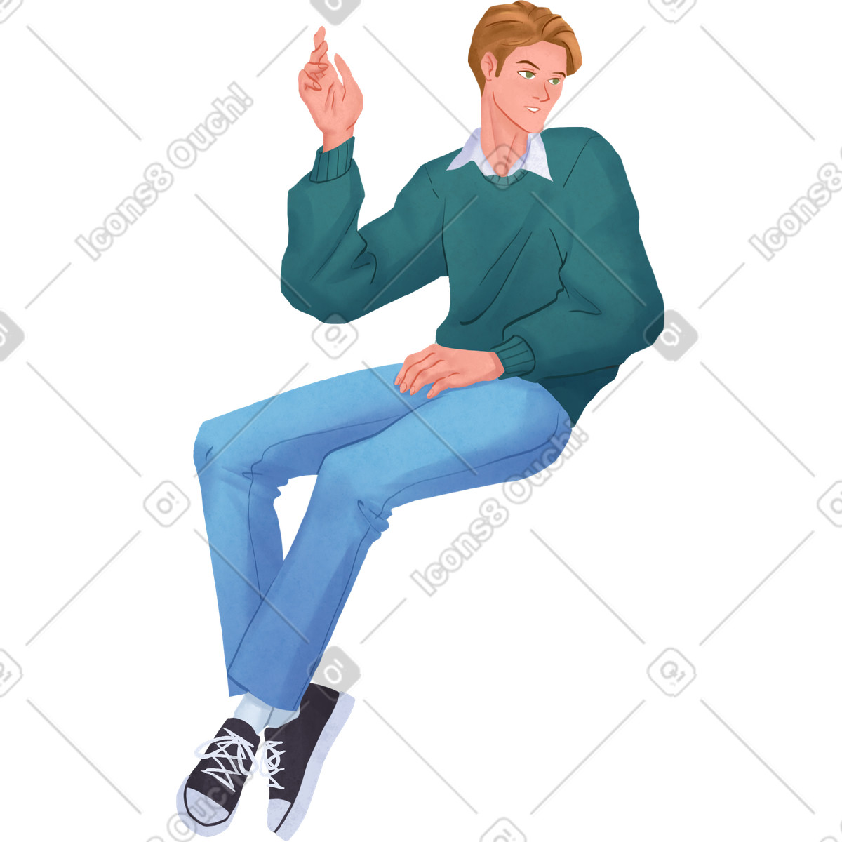 Lifestyle 스타일의 그의 팔 제기와 함께 앉아 녹색 스웨터에 남자 일러스트레이션 PNG, SVG 다운로드