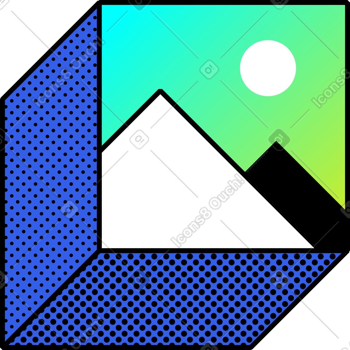 Illustration Cube avec image dans le style Memphis à télécharger aux formats PNG, SVG