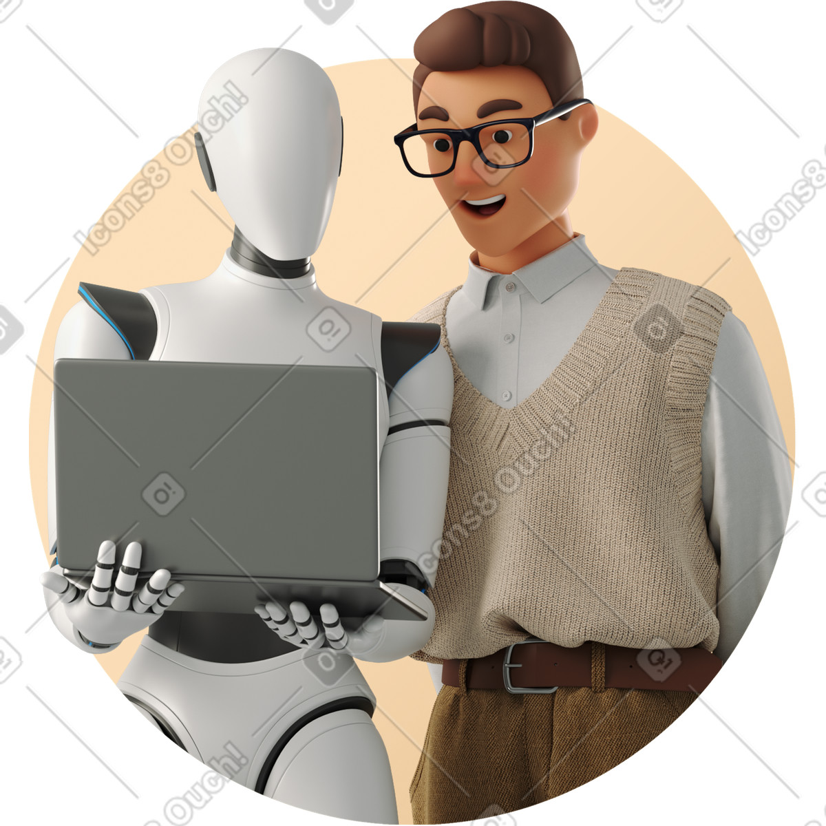 下载 3D Business 风格的 Robot holding laptop collaborating with office worker wearing glasses 插画，支持 PNG、SVG 格式