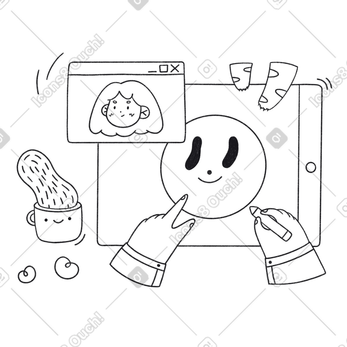 Drawing emoji on graphics tablet during video call, Virtual classroom and creative e-learning illustration in Bonbon Line style download in PNG, SVG