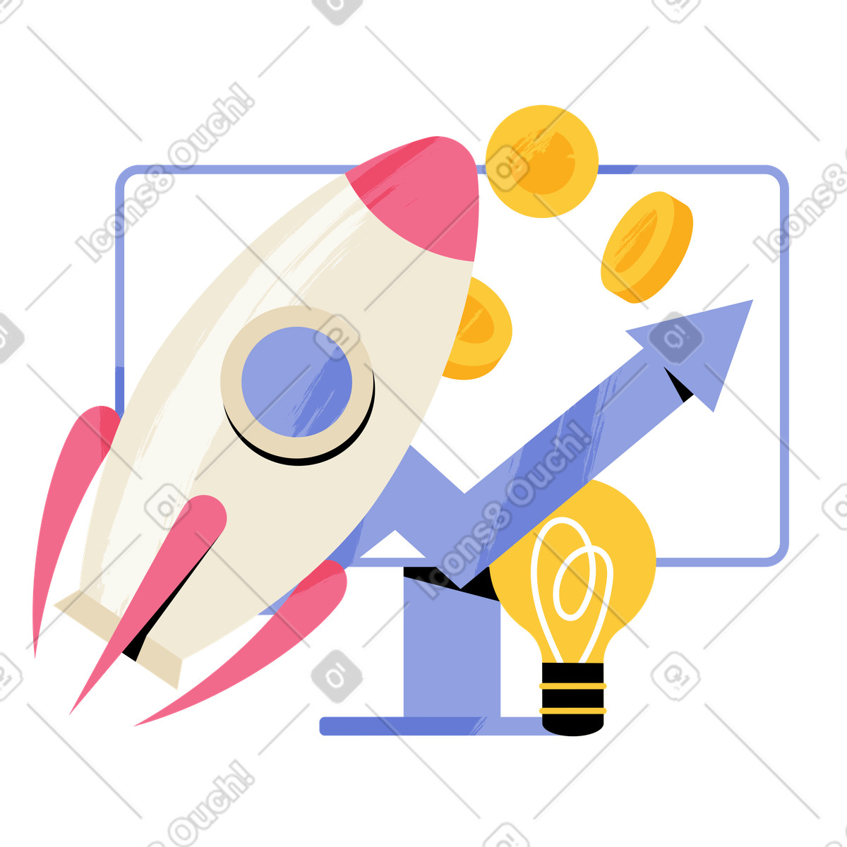 Ilustración Rocket launching with coins and upward arrow on monitor en estilo Juicy a descargar en PNG y SVG