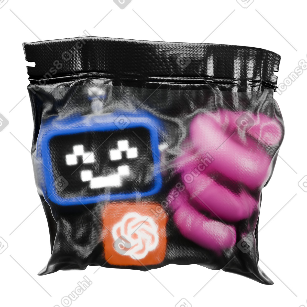 Vacuum packed robot head and ChatGPT icon, Tech privacy security illustration in 3D Wrap style download in PNG, SVG