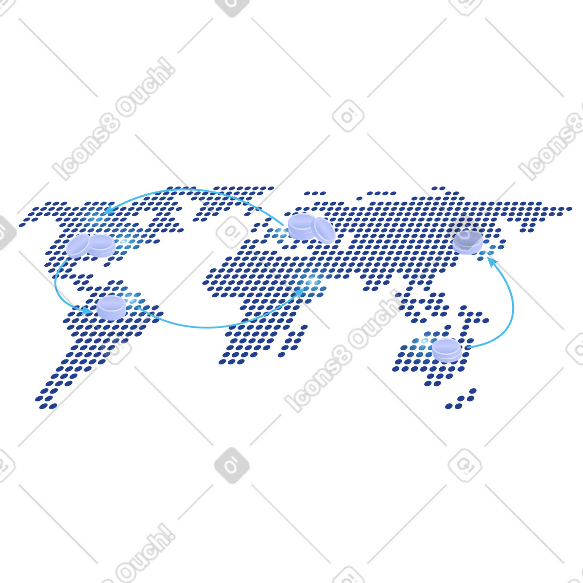 Flusso di valuta globale su mappa digitale, trasferimento di denaro internazionale e finanza mondiale illustration in PNG, SVG