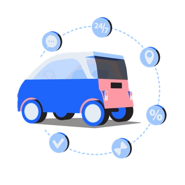A blue and pink car with icons around it - Editorial style illustration