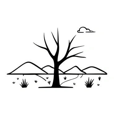 A single tree with withered branches stands prominently in the center of a dry landscape. The ground surrounding the tree is cracked and barren, showing signs of drought. Sparse patches of grass can be seen scattered around, complementing the desolate atmosphere. In the distance, a few dry hills rise against the horizon, adding depth to the scene. The sky above presents a stark contrast, with a few wispy clouds drifting by.