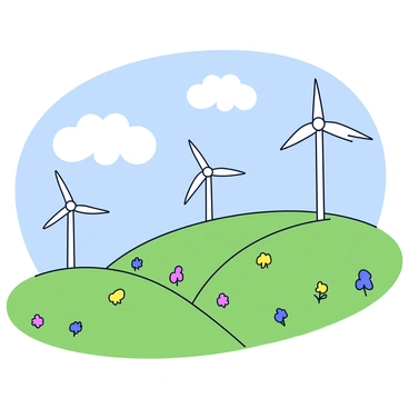 A row of wind turbines with white blades turning gently in the breeze. The turbines are placed on the crest of lush, green rolling hills that stretch into the distance. The sky above is clear with a few fluffy white clouds scattered throughout. The hills are dotted with patches of colorful wildflowers, adding splashes of yellow and purple to the landscape.