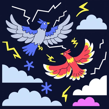 A thunderbird and a phoenix locked in a fierce battle, fire and lightning intertwining