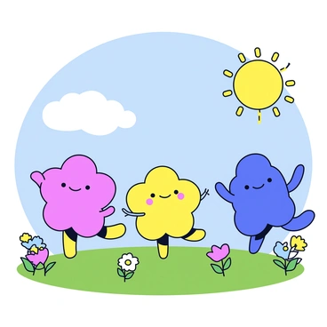 A group of flower Pikmin with colorful petals is dancing in a meadow. The Pikmin have vibrant hues of pink, yellow, and blue, each with a smiling expression. They are surrounded by green grass and various wildflowers. Above them, a bright sun is shining in a clear blue sky, casting cheerful light onto the scene. The arrangement of the Pikmin conveys a sense of movement and joy as they sway together in the warm sunlight.