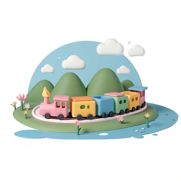 A miniature train constructed from colorful birthday candles, featuring vibrant hues of red, blue, yellow, and green. The train consists of multiple candle cars, with wax flames flickering at the tops of each candle. It travels along a winding track that goes through a scenic route filled with lush green hills, vibrant wildflowers, and a bright blue sky. In the background, there are fluffy white clouds scattered across the sky, and a small stream glistens under the sunlight as it flows beside the track.